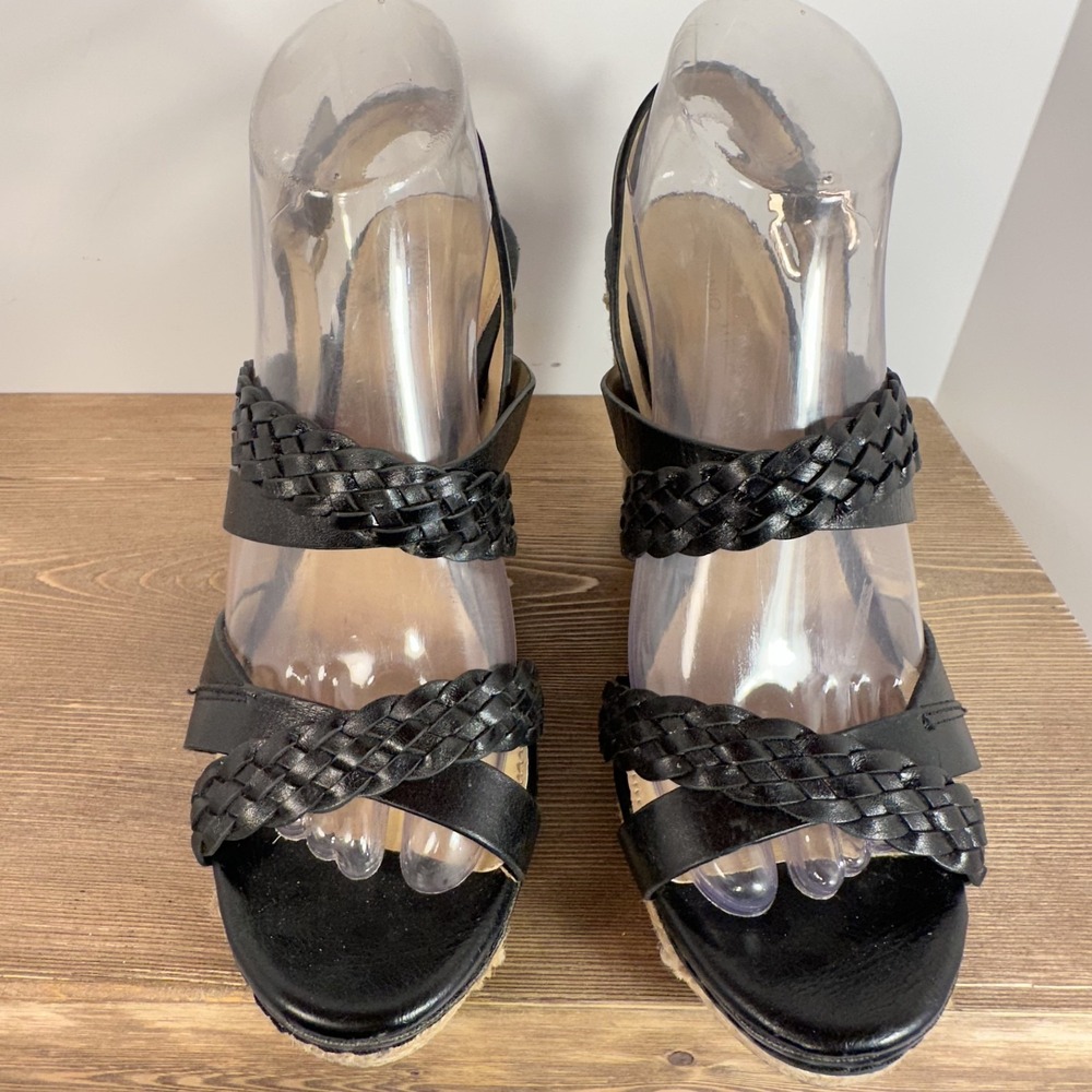 ANTONIO MELANI Women SZ 8.5-9 Black Leather Strappy Platform Wedges Sandals Boho - Picture 5 of 11